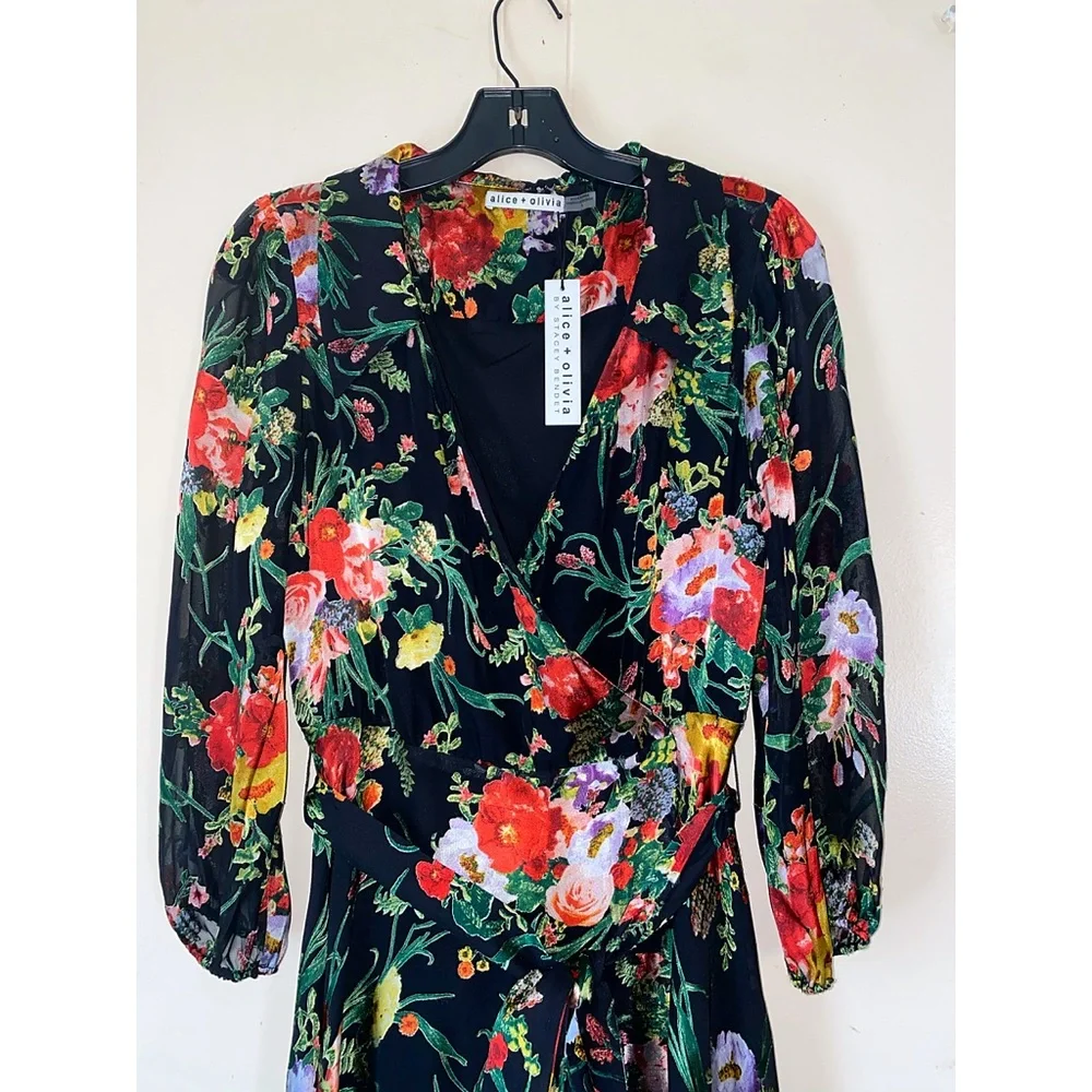 Alice + Olivia Abney Floral Black Red Collared Midi Dress - Picture 10 of 16